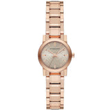 A Frontside View of Burberry City Rose Gold Stainless Steel Nude Dial Quartz Watch for Women with White Background