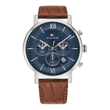 Tommy Hilfiger Evan Brown Leather Strap Blue Dial Chronograph Quartz Watch for Men - 1710393
