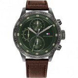 Tommy Hilfiger Trent Brown Leather Strap Green Dial Chronograph Quartz Watch for Men - 1791809
