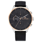 Tommy Hilfiger Chase Black Leather Strap Black Dial Chronograph Quartz Watch for Men - 1791488