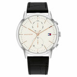 Tommy Hilfiger Easton Black Leather Strap Silver Dial Chronograph Quartz Watch for Men - 1710434