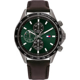 Tommy Hilfiger Miles Brown Leather Strap Green Dial Chronograph Quartz Watch for Men - 1792017