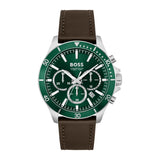 Hugo Boss Troper Brown Leather Strap Green Dial Chronograph Quartz Watch for Men - 1514098
