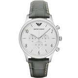 Emporio Armani Classic Black Leather Strap Silver Dial Chronograph Quartz Watch for Men - AR1861