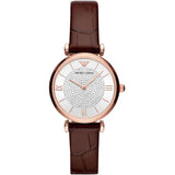 Emporio Armani Gianni T-Bar Burgundy Leather Strap Silver Dial Quartz Watch for Women - AR11269