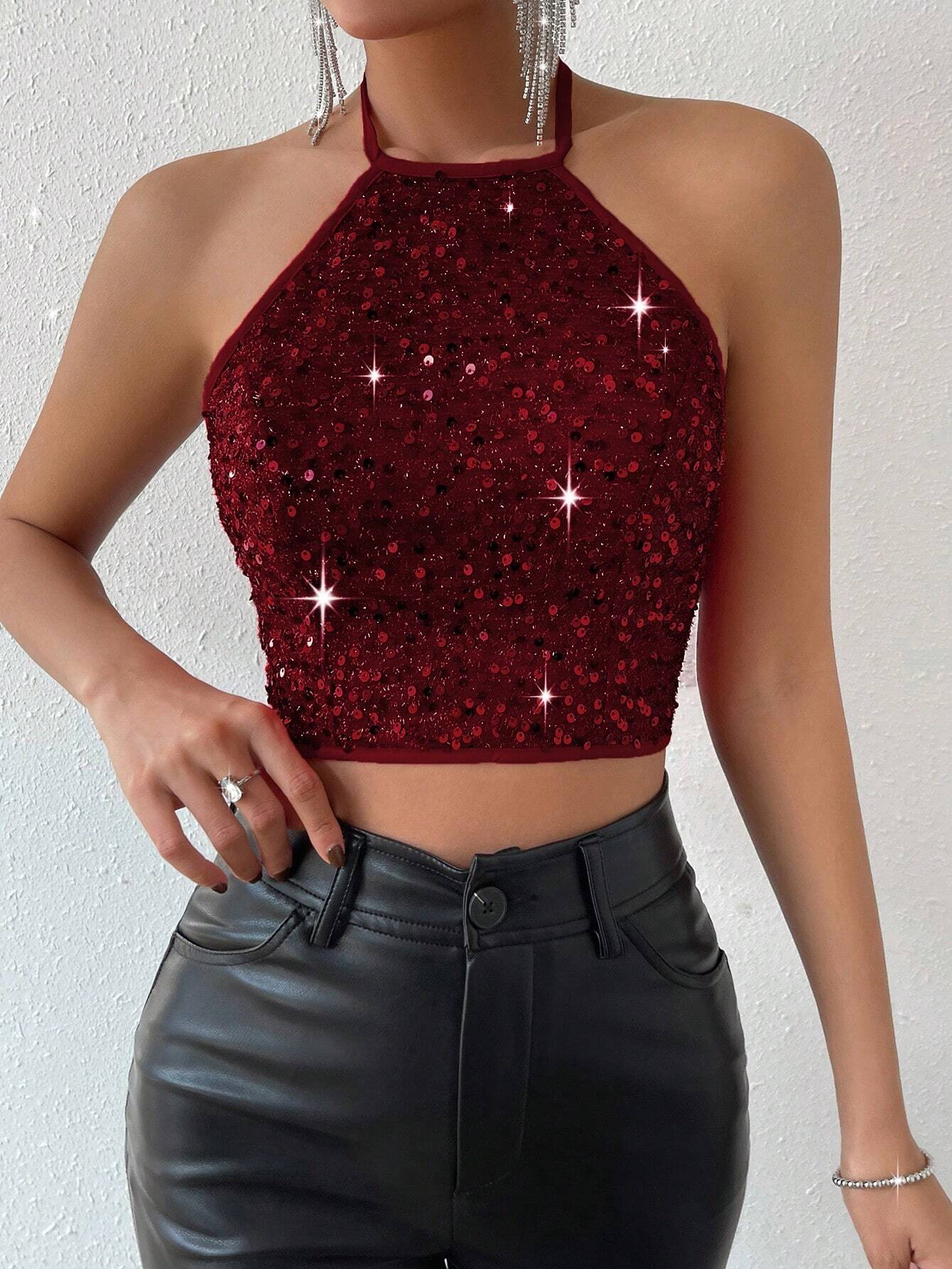  | SHEIN Allurite Summer Sexy Backless Sequin Halter Neck Top For New Year Holiday Party Clothes | Top | Shein | OneHub