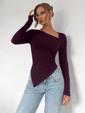 SHEIN Almamuse Christmas Asymmetrical Hem Long Sleeve Solid Color T-Shirt Top