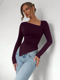 SHEIN Almamuse Christmas Asymmetrical Hem Long Sleeve Solid Color T-Shirt Top