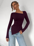 SHEIN Almamuse Christmas Asymmetrical Hem Long Sleeve Solid Color T-Shirt Top