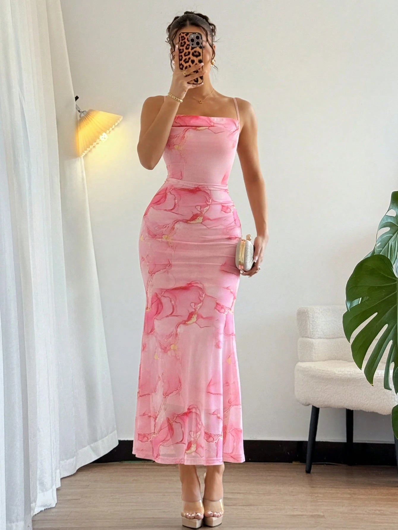  | SHEIN Almamuse Women's Spring/Summer Batik Print Draped Neck Spaghetti Strap Open Shoulder Long Sleeve See-Through Elegant Mermaid Hem Dress | Dress | Shein | OneHub