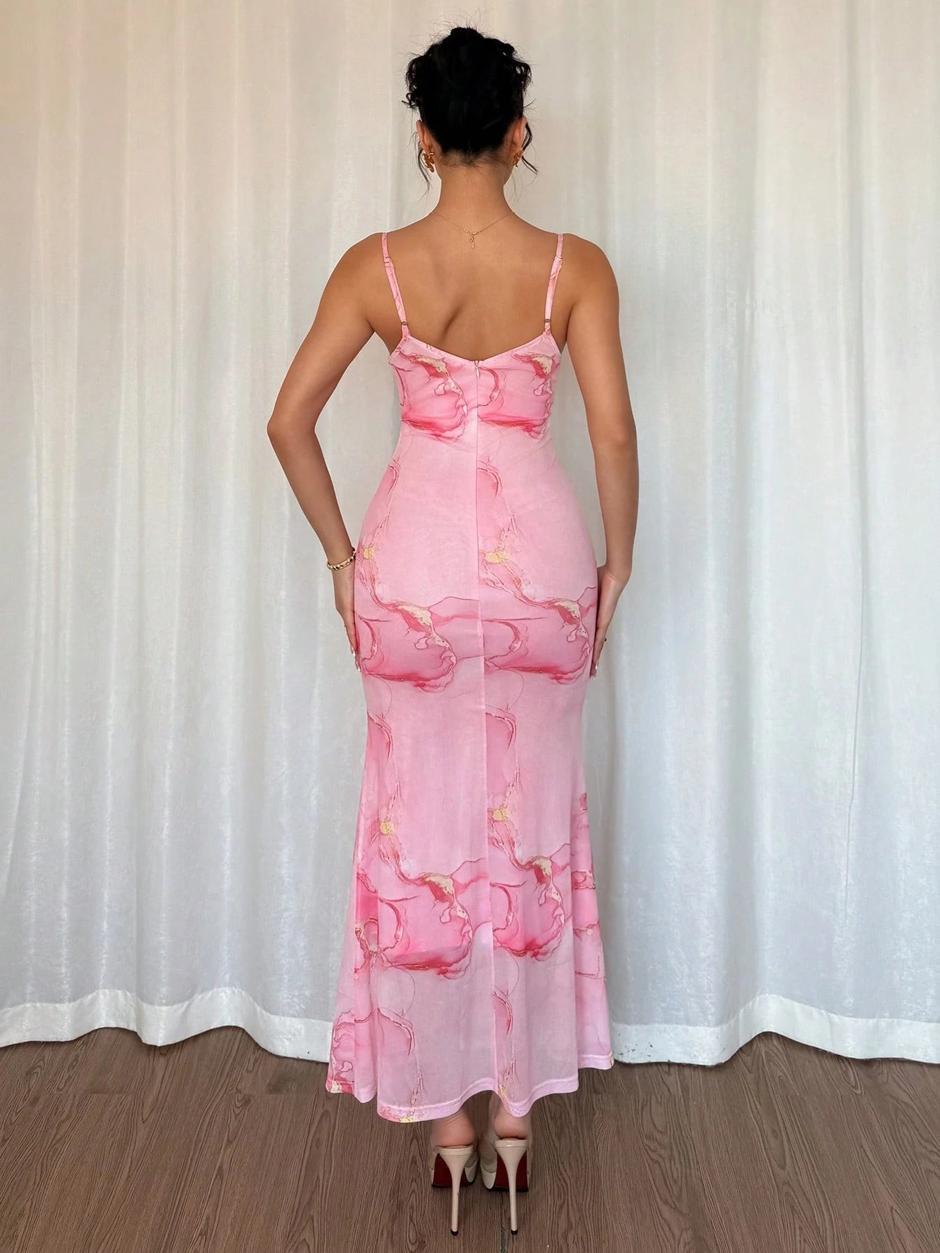  | SHEIN Almamuse Women's Spring/Summer Batik Print Draped Neck Spaghetti Strap Open Shoulder Long Sleeve See-Through Elegant Mermaid Hem Dress | Dress | Shein | OneHub