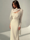 SHEIN Aloruh 1pc Women Apricot-Color Asymmetric Long Sleeve Form-Fitting Backless Dress With Sash