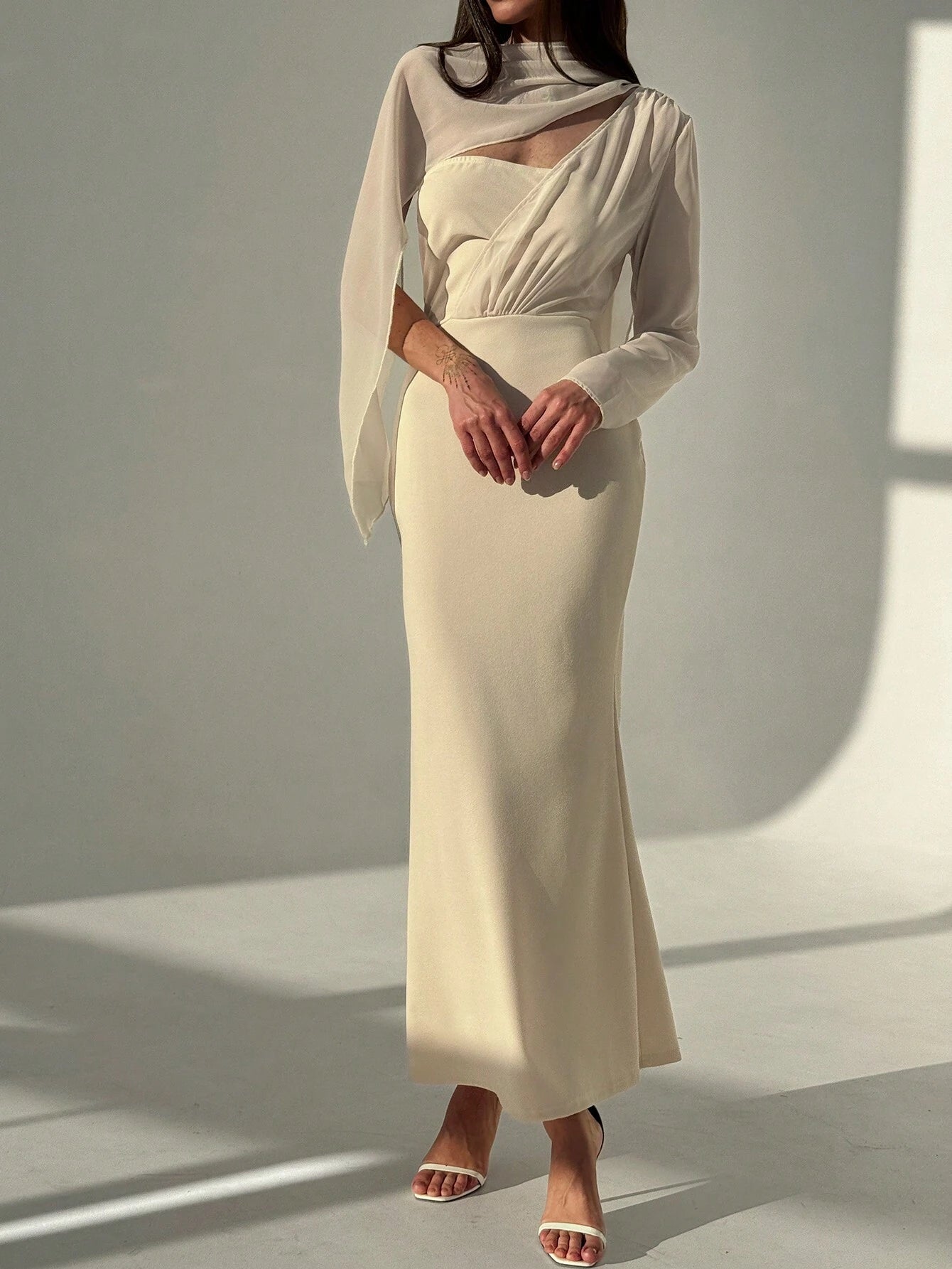  | SHEIN Aloruh 1pc Women Apricot-Color Asymmetric Long Sleeve Form-Fitting Backless Dress With Sash | Dress | Shein | OneHub