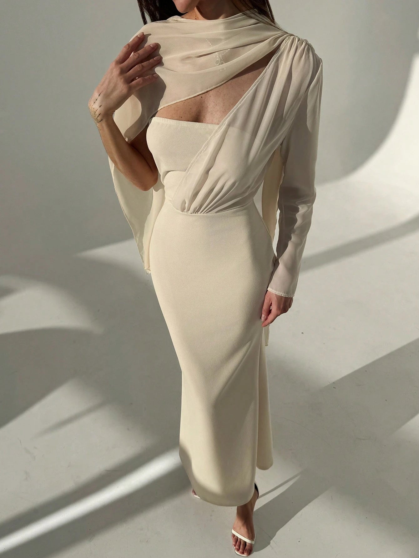  | SHEIN Aloruh 1pc Women Apricot-Color Asymmetric Long Sleeve Form-Fitting Backless Dress With Sash | Dress | Shein | OneHub