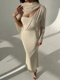  | SHEIN Aloruh 1pc Women Apricot-Color Asymmetric Long Sleeve Form-Fitting Backless Dress With Sash | Dress | Shein | OneHub