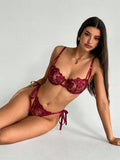 SHEIN Aloruh 2pcs Sky Blue Embroidered Lace-Up Women's Lingerie Set Boobless Lingerie Set Lace Bra Set Butterfly Lingerie Set Lingerie Set Red Burgundy Lingerie Set