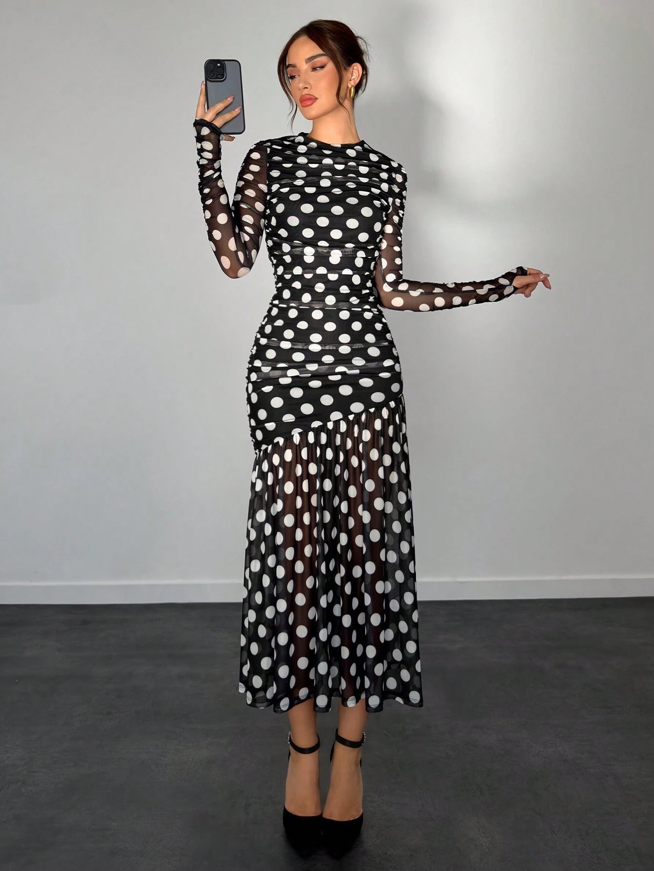 shein fall dresses SHEIN Aloruh Autumn/Winter New Polka Dot Print Long Dress | Dress