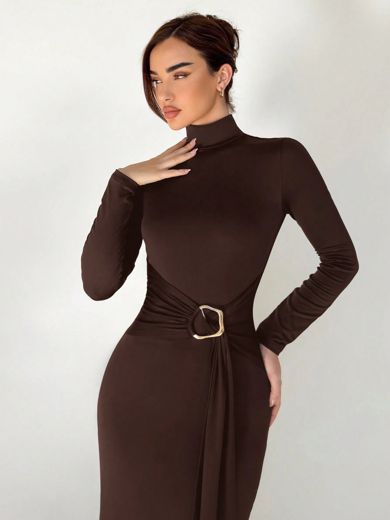  | SHEIN Aloruh Autumn/Winter New Slim Fit Warm Stand Collar Long Sleeve Cinched Waist Extra-Long Versatile Knit Dress | Dress | Shein | OneHub