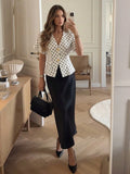 SHEIN Aloruh Elegant Batwing Sleeve Double-Breasted Button-Up Vintage White And Black Polka Dot Minimalist Shirt,Summer,Brunch,Commuting Vacation Outfits Top