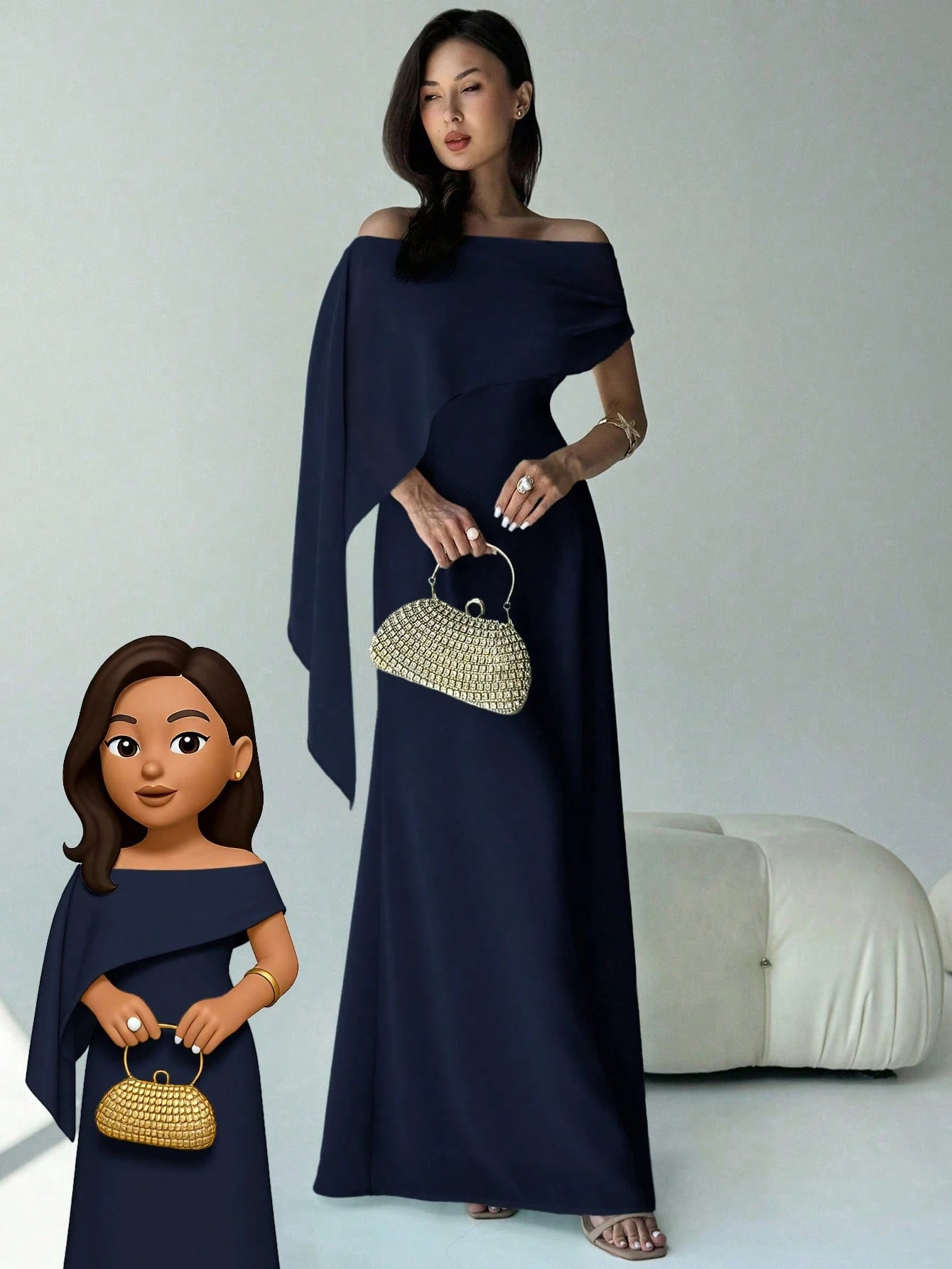 SHEIN Aloruh Elegant Navy Blue Women's Off Shoulder Boat Neck Maxi Mermaid Hem Dress,Autumn Dining Party Cocktail Birthday New Year Flowy Fitted Sense Of Design