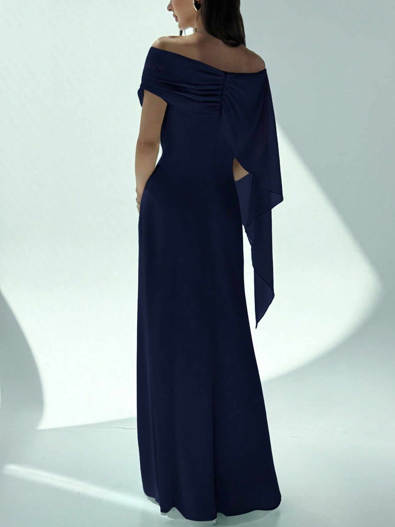 SHEIN Aloruh Elegant Navy Blue Women's Off Shoulder Boat Neck Maxi Mermaid Hem Dress,Autumn Dining Party Cocktail Birthday New Year Flowy Fitted Sense Of Design