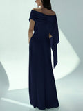 SHEIN Aloruh Elegant Navy Blue Women's Off Shoulder Boat Neck Maxi Mermaid Hem Dress,Autumn Dining Party Cocktail Birthday New Year Flowy Fitted Sense Of Design