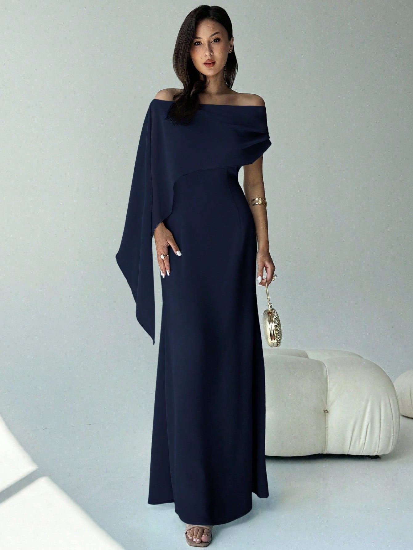 SHEIN Aloruh Elegant Navy Blue Women's Off Shoulder Boat Neck Maxi Mermaid Hem Dress,Autumn Dining Party Cocktail Birthday New Year Flowy Fitted Sense Of Design