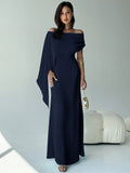 SHEIN Aloruh Elegant Navy Blue Women's Off Shoulder Boat Neck Maxi Mermaid Hem Dress,Autumn Dining Party Cocktail Birthday New Year Flowy Fitted Sense Of Design
