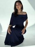 SHEIN Aloruh Elegant Navy Blue Women's Off Shoulder Boat Neck Maxi Mermaid Hem Dress,Autumn Dining Party Cocktail Birthday New Year Flowy Fitted Sense Of Design