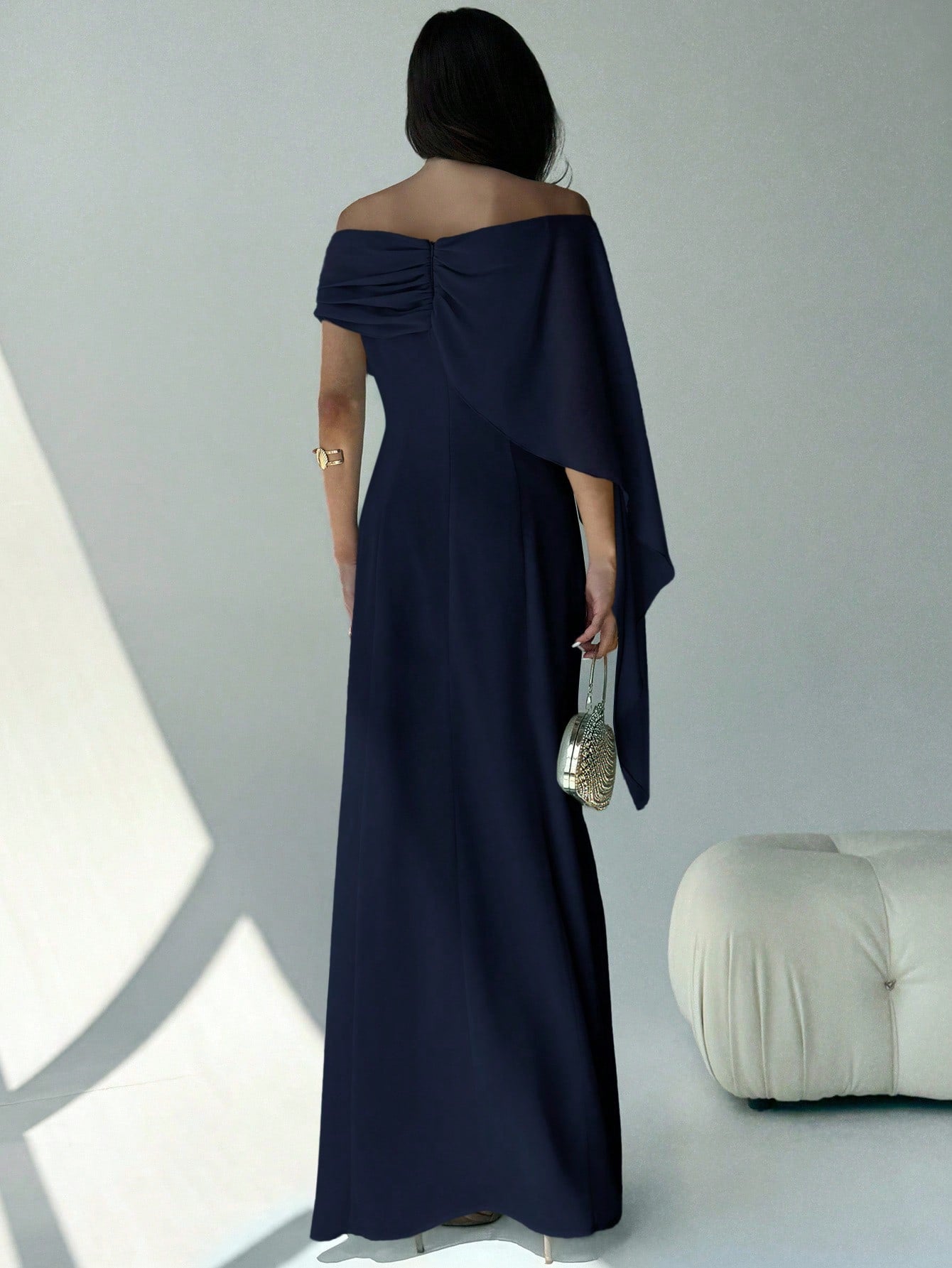 SHEIN Aloruh Elegant Navy Blue Women's Off Shoulder Boat Neck Maxi Mermaid Hem Dress,Autumn Dining Party Cocktail Birthday New Year Flowy Fitted Sense Of Design