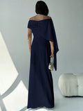 SHEIN Aloruh Elegant Navy Blue Women's Off Shoulder Boat Neck Maxi Mermaid Hem Dress,Autumn Dining Party Cocktail Birthday New Year Flowy Fitted Sense Of Design
