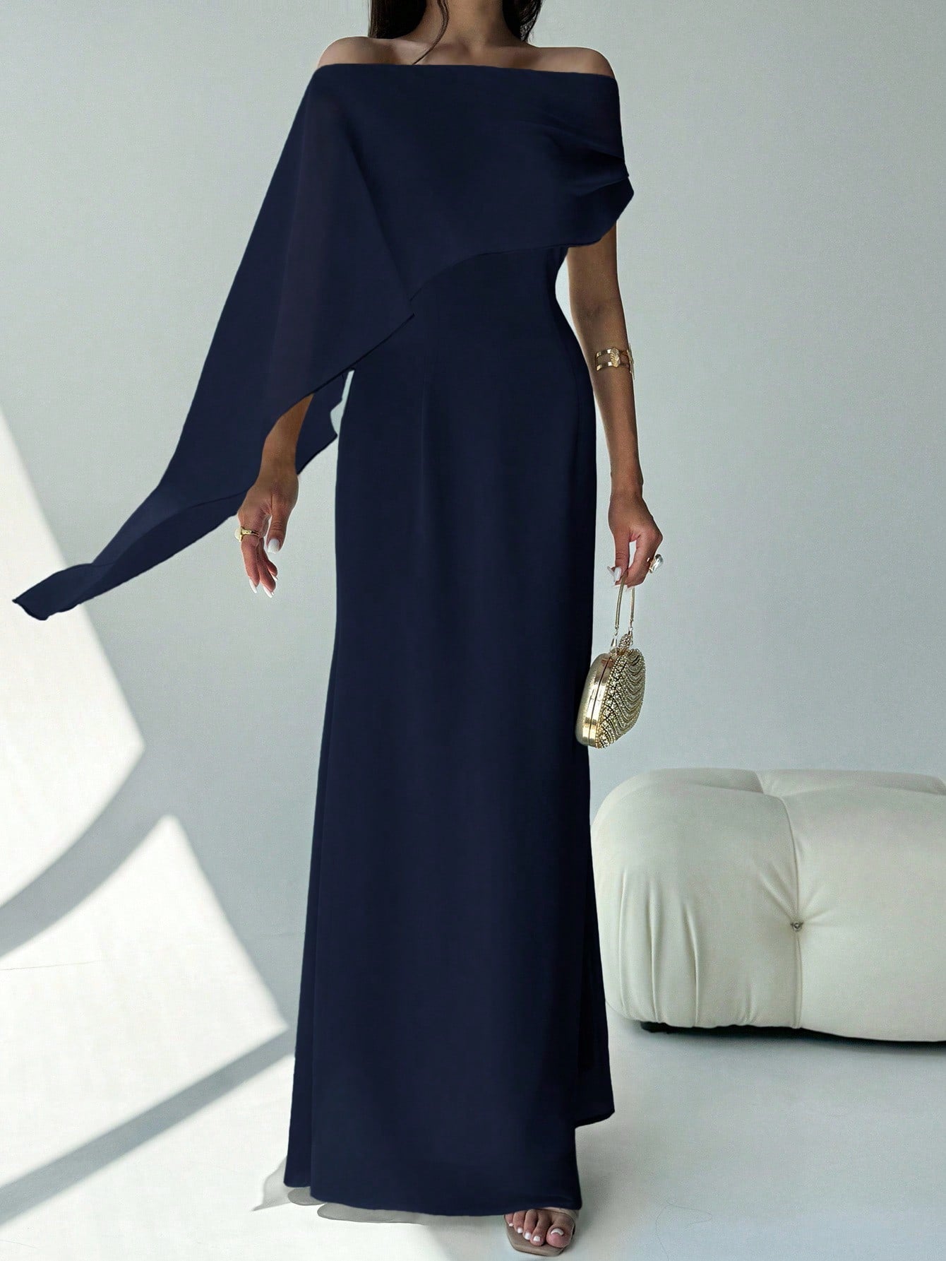 SHEIN Aloruh Elegant Navy Blue Women's Off Shoulder Boat Neck Maxi Mermaid Hem Dress,Autumn Dining Party Cocktail Birthday New Year Flowy Fitted Sense Of Design