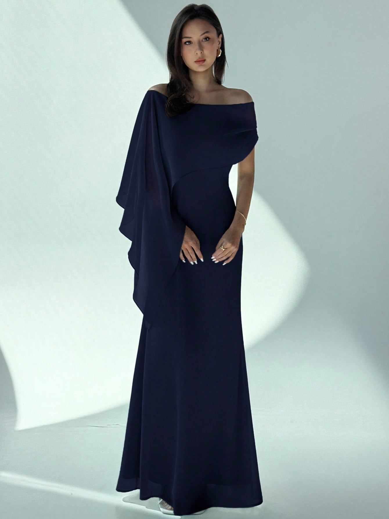 SHEIN Aloruh Elegant Navy Blue Women's Off Shoulder Boat Neck Maxi Mermaid Hem Dress,Autumn Dining Party Cocktail Birthday New Year Flowy Fitted Sense Of Design