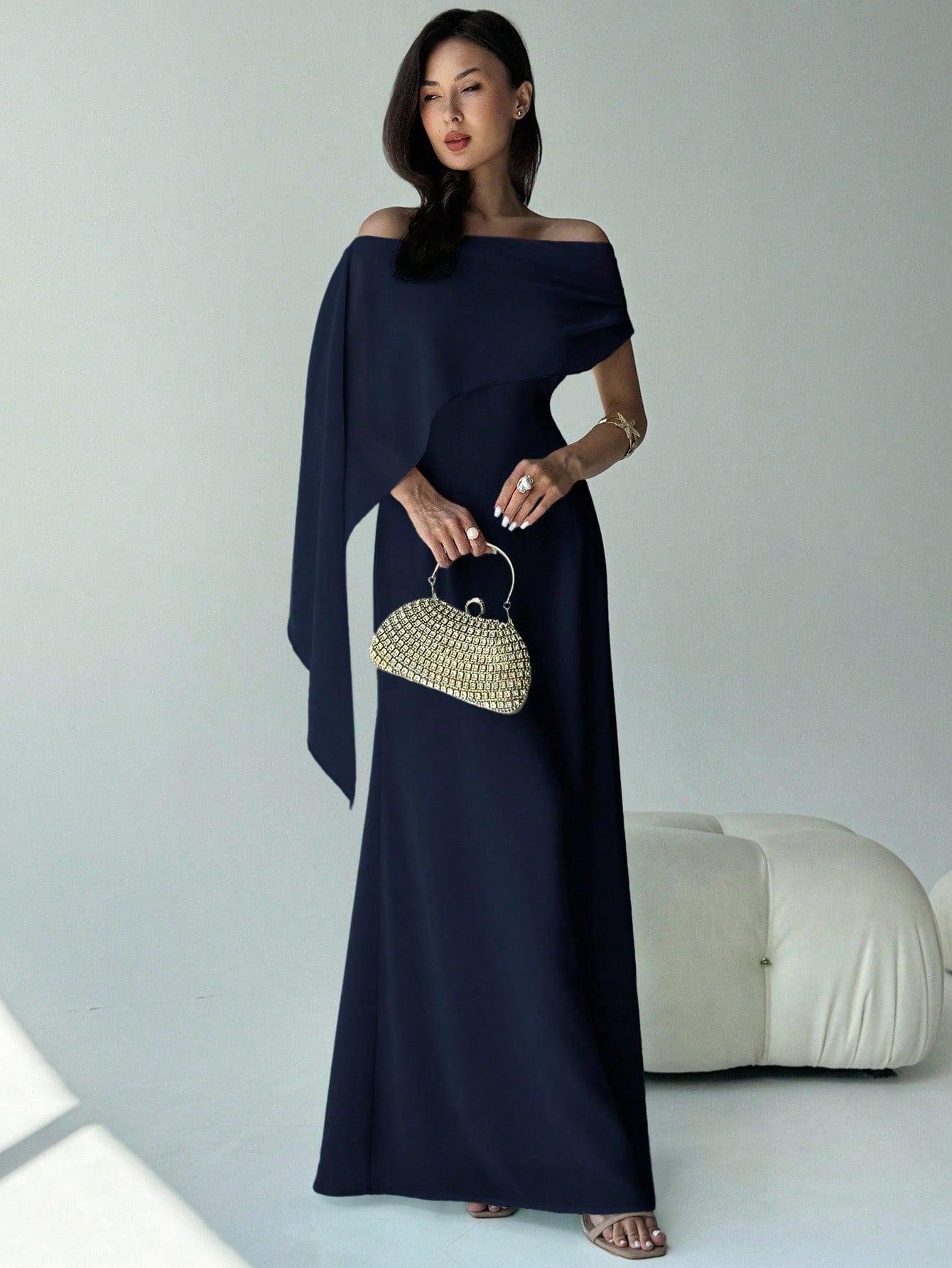SHEIN Aloruh Elegant Navy Blue Women's Off Shoulder Boat Neck Maxi Mermaid Hem Dress,Autumn Dining Party Cocktail Birthday New Year Flowy Fitted Sense Of Design