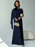 SHEIN Aloruh Elegant Navy Blue Women's Off Shoulder Boat Neck Maxi Mermaid Hem Dress,Autumn Dining Party Cocktail Birthday New Year Flowy Fitted Sense Of Design