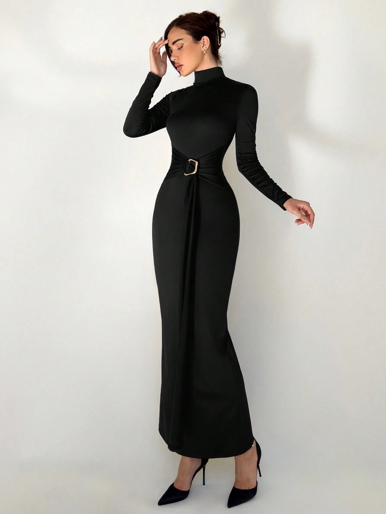 long sleeve shein dresses new arrivals shein long dresses long sleeve SHEIN Solid Color Asymmetric Neck Long Sleeve Bow Decor Dress TRENDYEG
