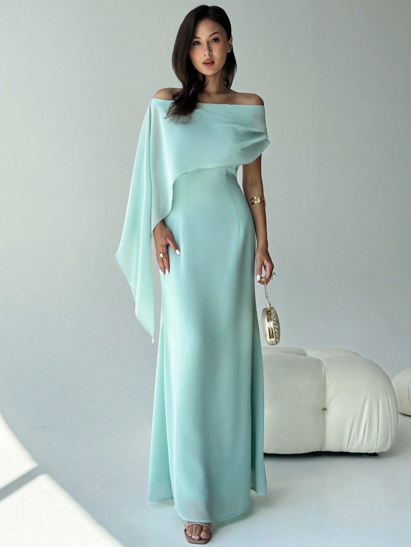 SHEIN Aloruh New Off Shoulder Boat Neck Asymmetric Ruffle Fitted Dress