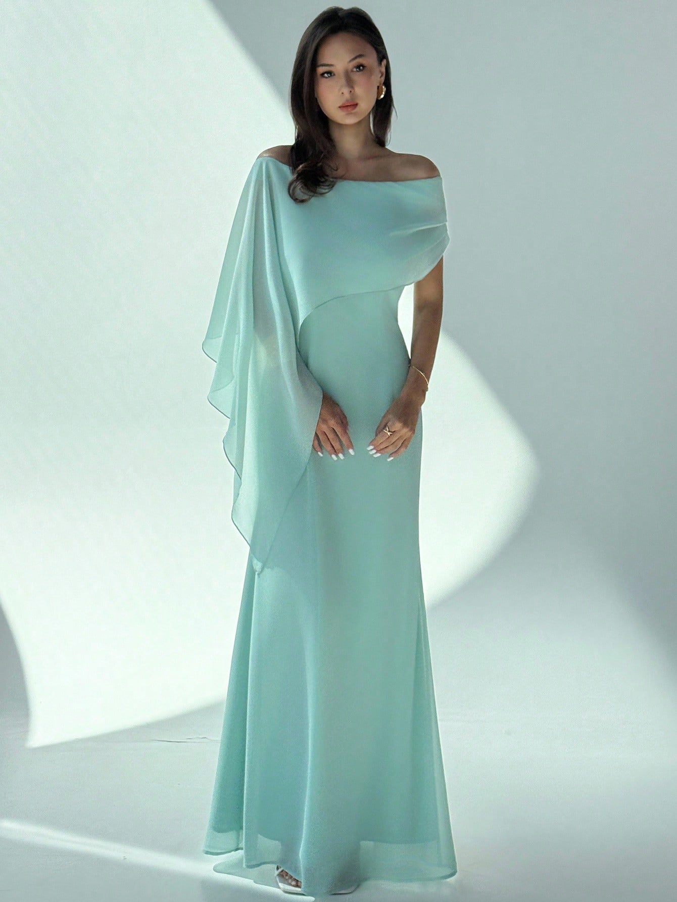 SHEIN Aloruh New Off Shoulder Boat Neck Asymmetric Ruffle Fitted Dress
