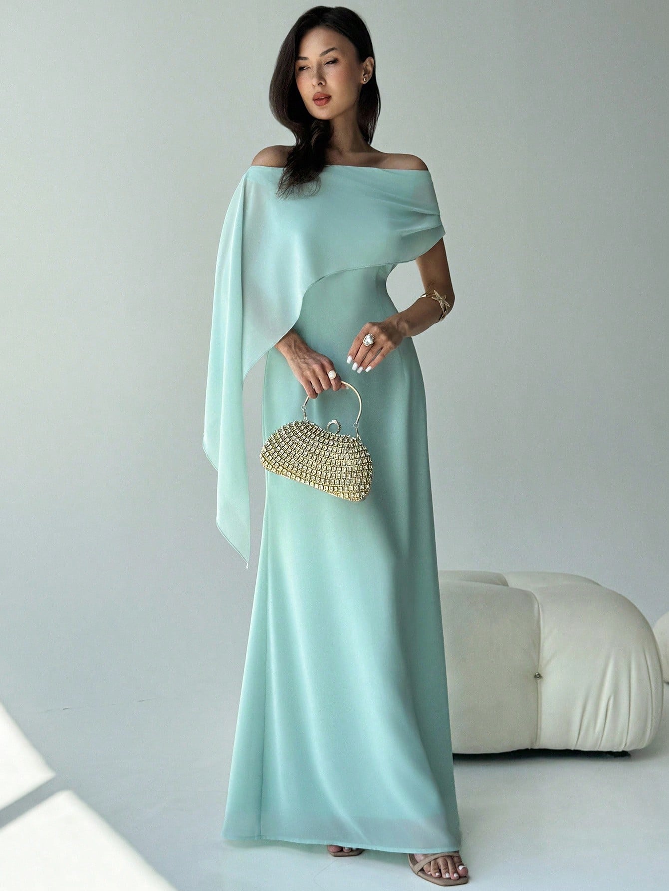 SHEIN Aloruh New Off Shoulder Boat Neck Asymmetric Ruffle Fitted Dress