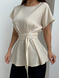 SHEIN Aloruh Round Collar & Waist Belted & X Shaped & Simple & Commuting Women's Shirt