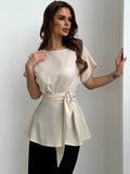 SHEIN Aloruh Round Collar & Waist Belted & X Shaped & Simple & Commuting Women's Shirt