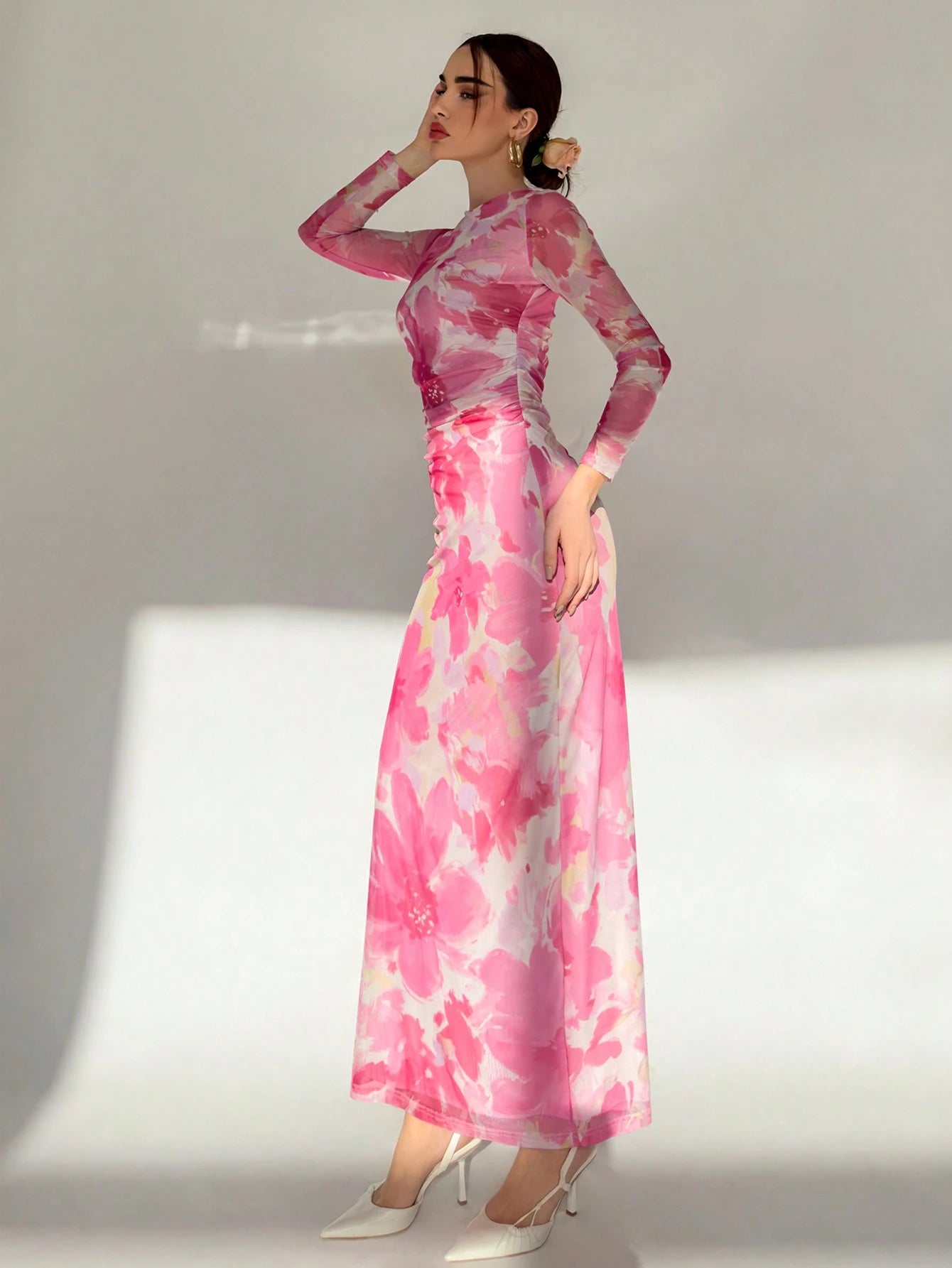 SHEIN Aloruh Valentine's Day Pink Floral Print Long Sleeve Maxi Mesh D | Dress