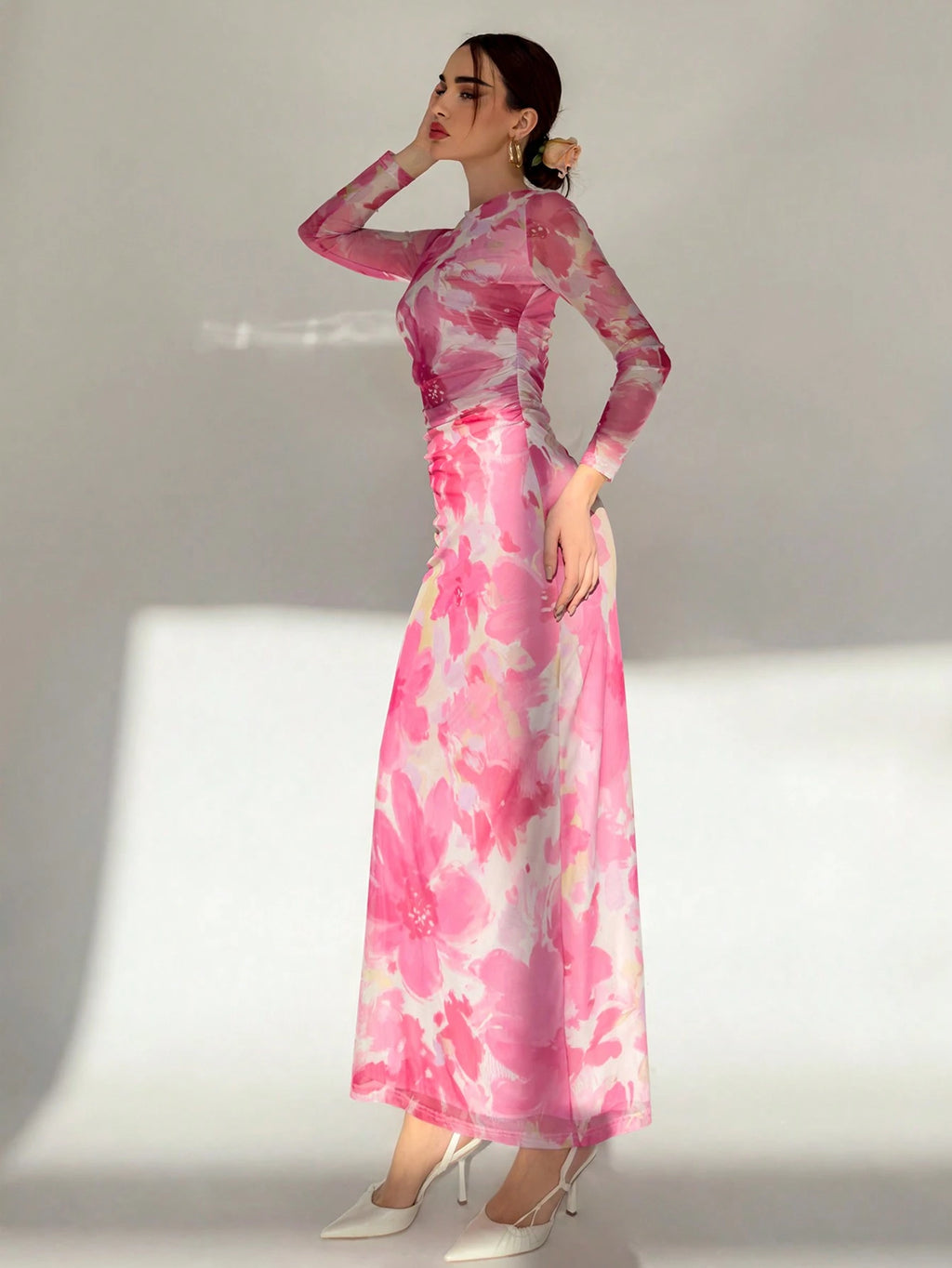 SHEIN Aloruh Valentine's Day Pink Floral Print Long Sleeve Maxi Mesh D | Dress