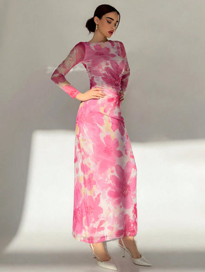 SHEIN Aloruh Valentine's Day Pink Floral Print Long Sleeve Maxi Mesh D | Dress