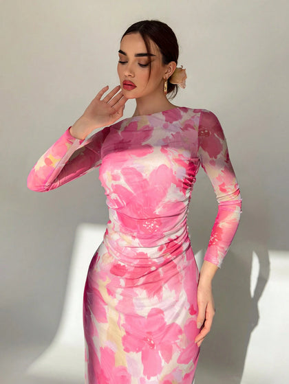 SHEIN Aloruh Valentine's Day Pink Floral Print Long Sleeve Maxi Mesh D | Dress