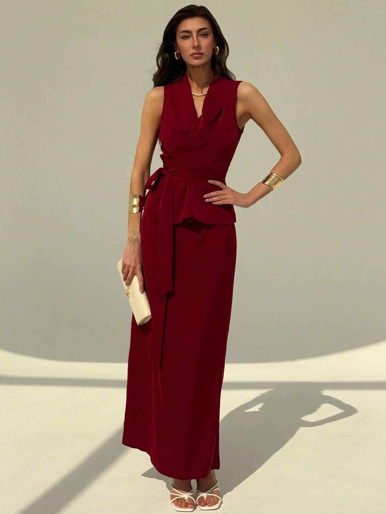  | Aloruh Women's 2 Pieces Set Elegant Solid Color Wrap Camisole And Skirt, Summer Summer Commuting Simple Casual Elegant Slim Wine Red Suit Lace Elegant Vacation Outfits Woman Tie Front Top | Top and Pant Set | Shein | OneHub