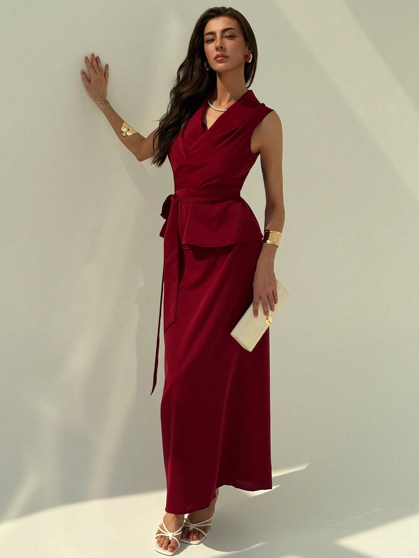  | Aloruh Women's 2 Pieces Set Elegant Solid Color Wrap Camisole And Skirt, Summer Summer Commuting Simple Casual Elegant Slim Wine Red Suit Lace Elegant Vacation Outfits Woman Tie Front Top | Top and Pant Set | Shein | OneHub