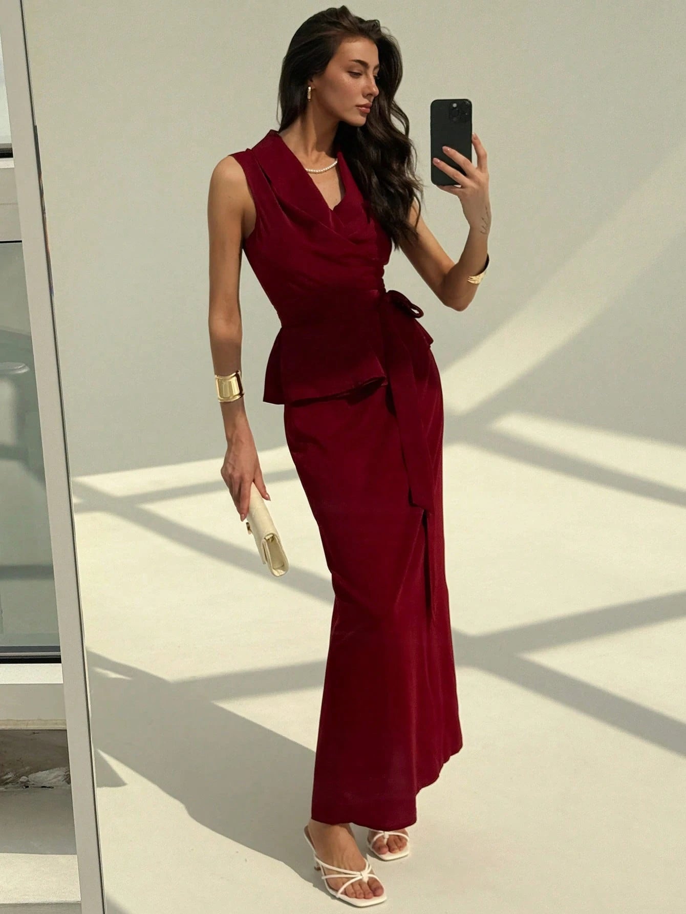  | Aloruh Women's 2 Pieces Set Elegant Solid Color Wrap Camisole And Skirt, Summer Summer Commuting Simple Casual Elegant Slim Wine Red Suit Lace Elegant Vacation Outfits Woman Tie Front Top | Top and Pant Set | Shein | OneHub