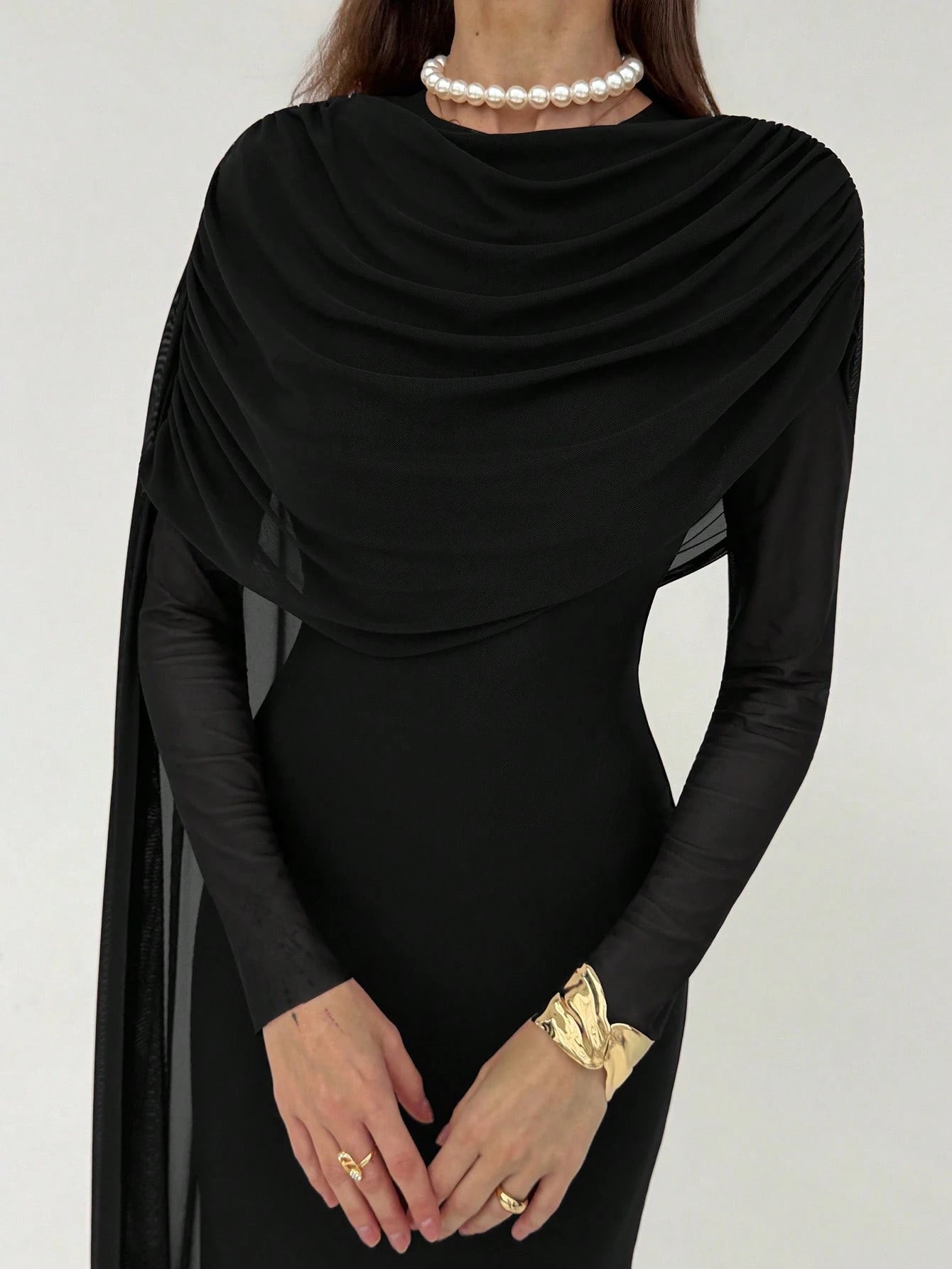 SHEIN Aloruh Women's Draped Mesh Patchwork Elegant Long Sleeve Dress,Black Dress For Women