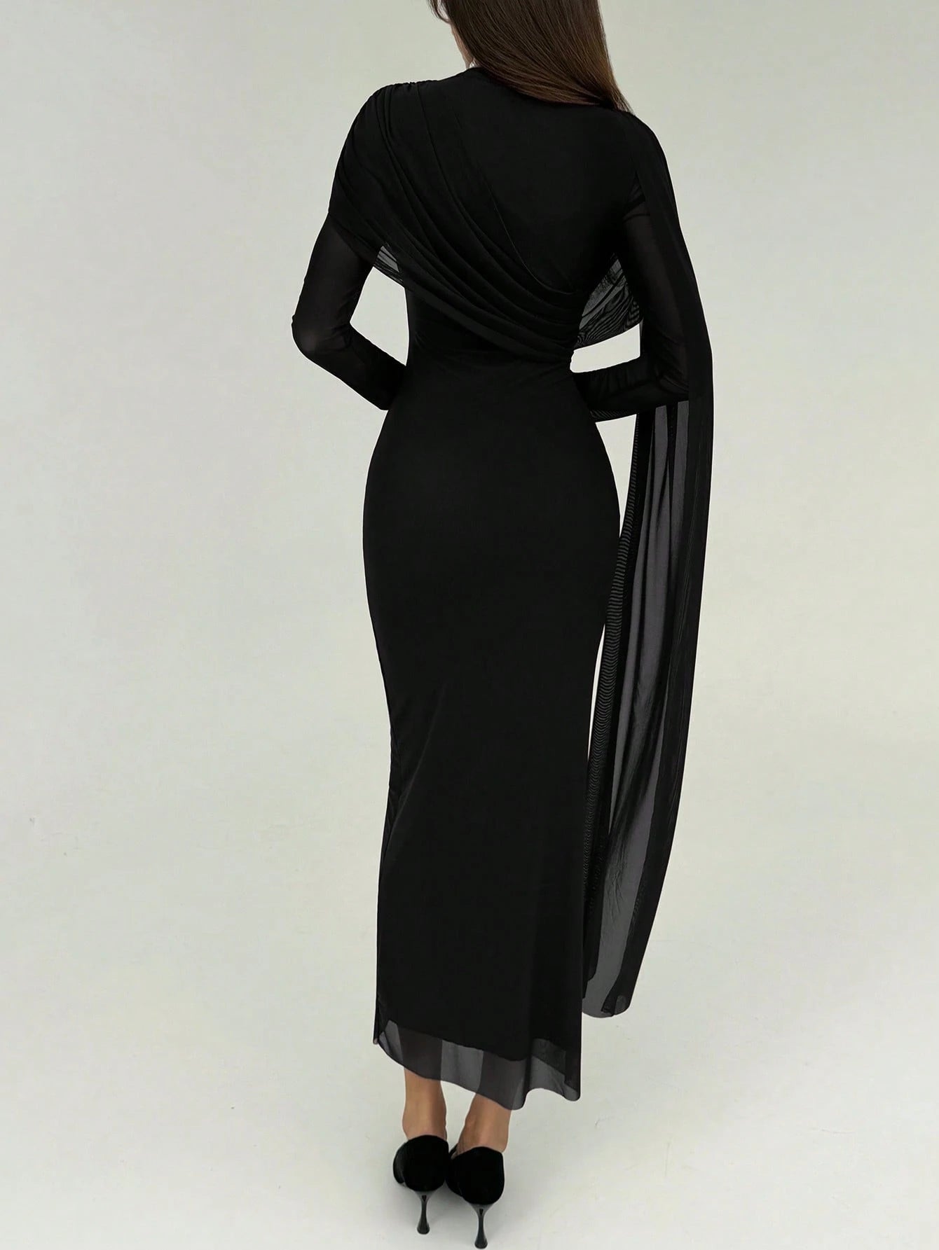 SHEIN Aloruh Women's Draped Mesh Patchwork Elegant Long Sleeve Dress,Black Dress For Women